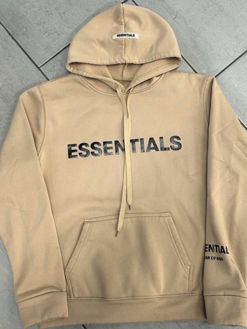 Essentials Tan Hoodie with Black Logo Print